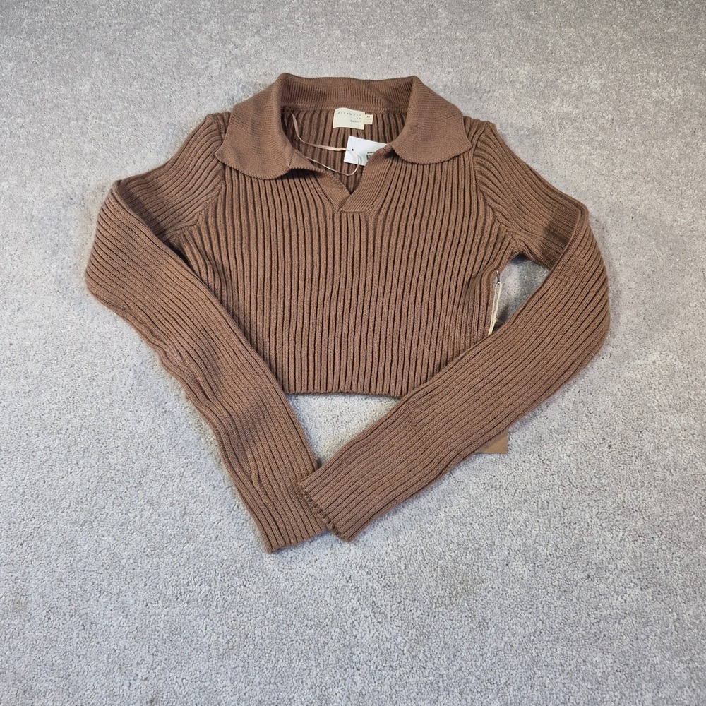 Dreamers by Debut Ribbed Brown V-Neck Cropped Sweater Size Medium Collared NWT